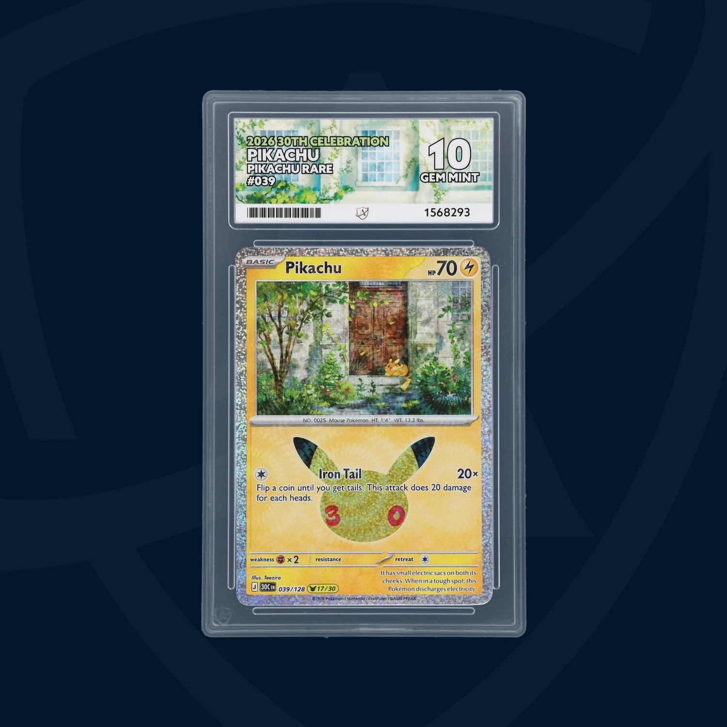 Pokemon TCG Pikachu 039/128 Pikachu Rare 30th Celebration ACE 10 GEM MINT