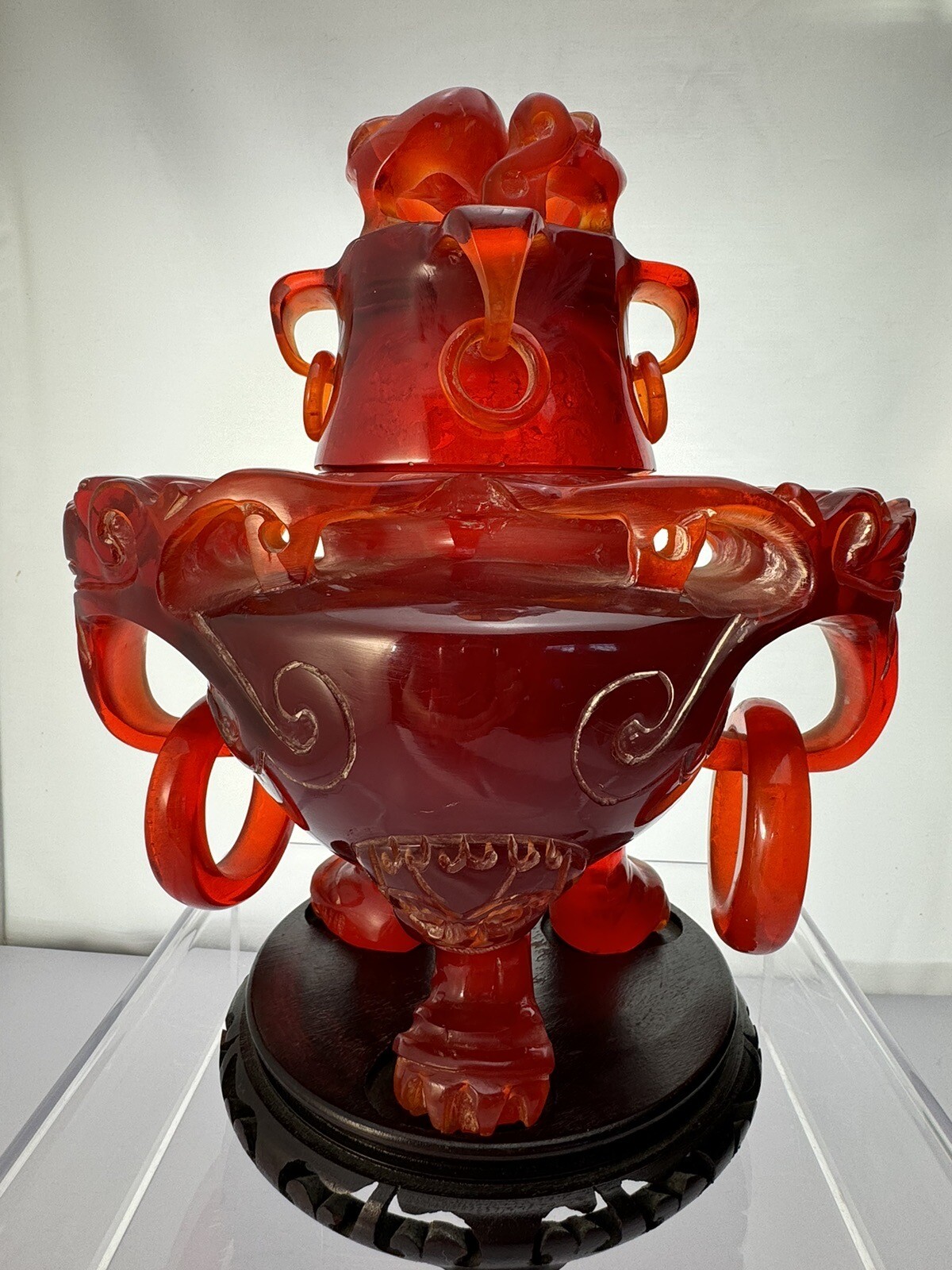 INTRICATELY CARVED RED RESIN AMBER DRAGONS FOO INCENSE BURNER HEAVY 11” TALL VTG