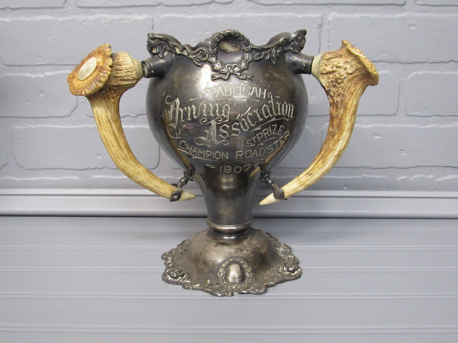 RARE Antique 1907 Wilcox Trophy Three Antler Handles Loving Cup Car Racing