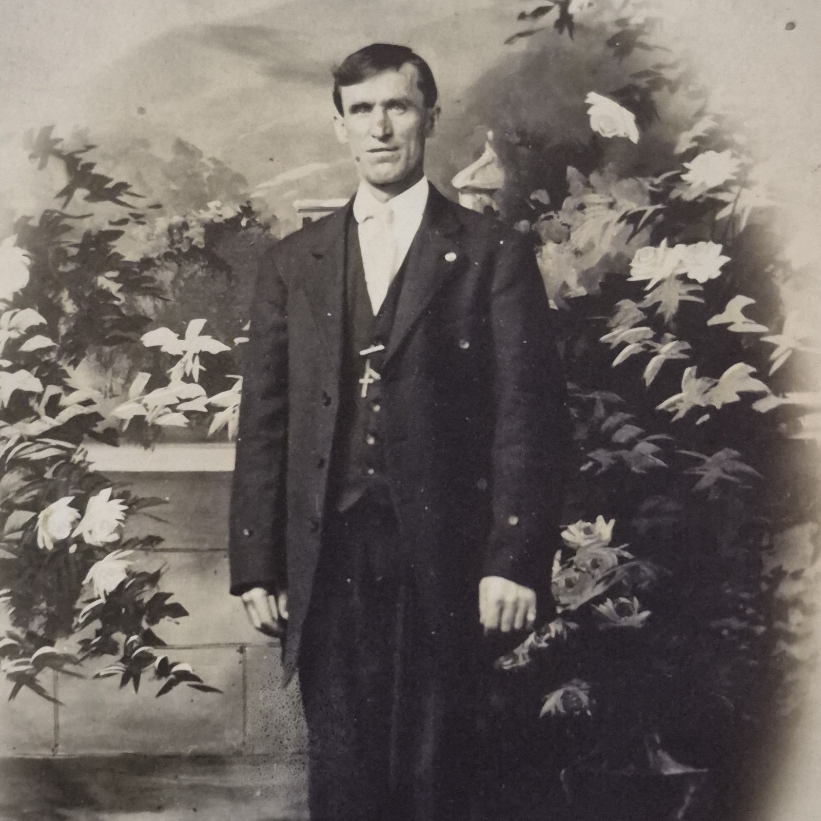 Antique RPPC Photo Postcard Late Edwardian Man Studio Garden Scene Pre-WW1 1910s