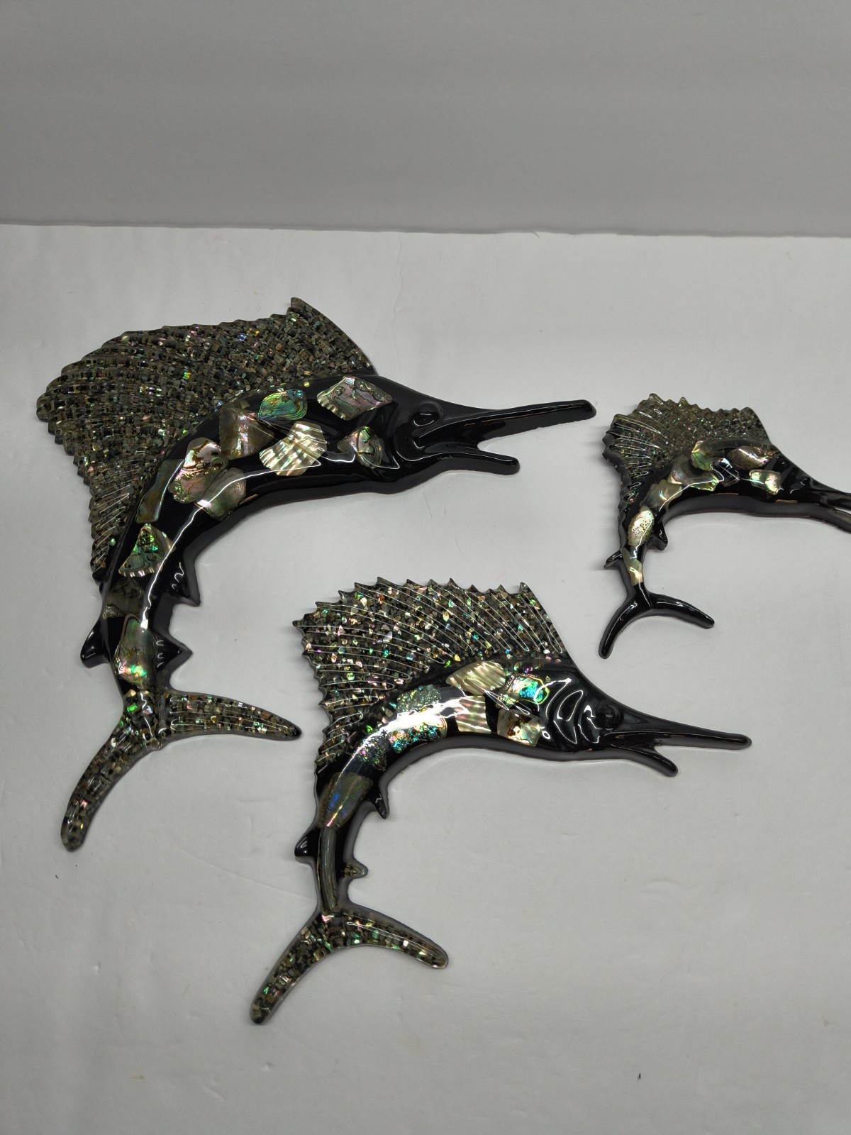 Vintage 1969 Wondermold Lucite Abalone Sailfish Wall Plaque Set 3 MCM Marlin