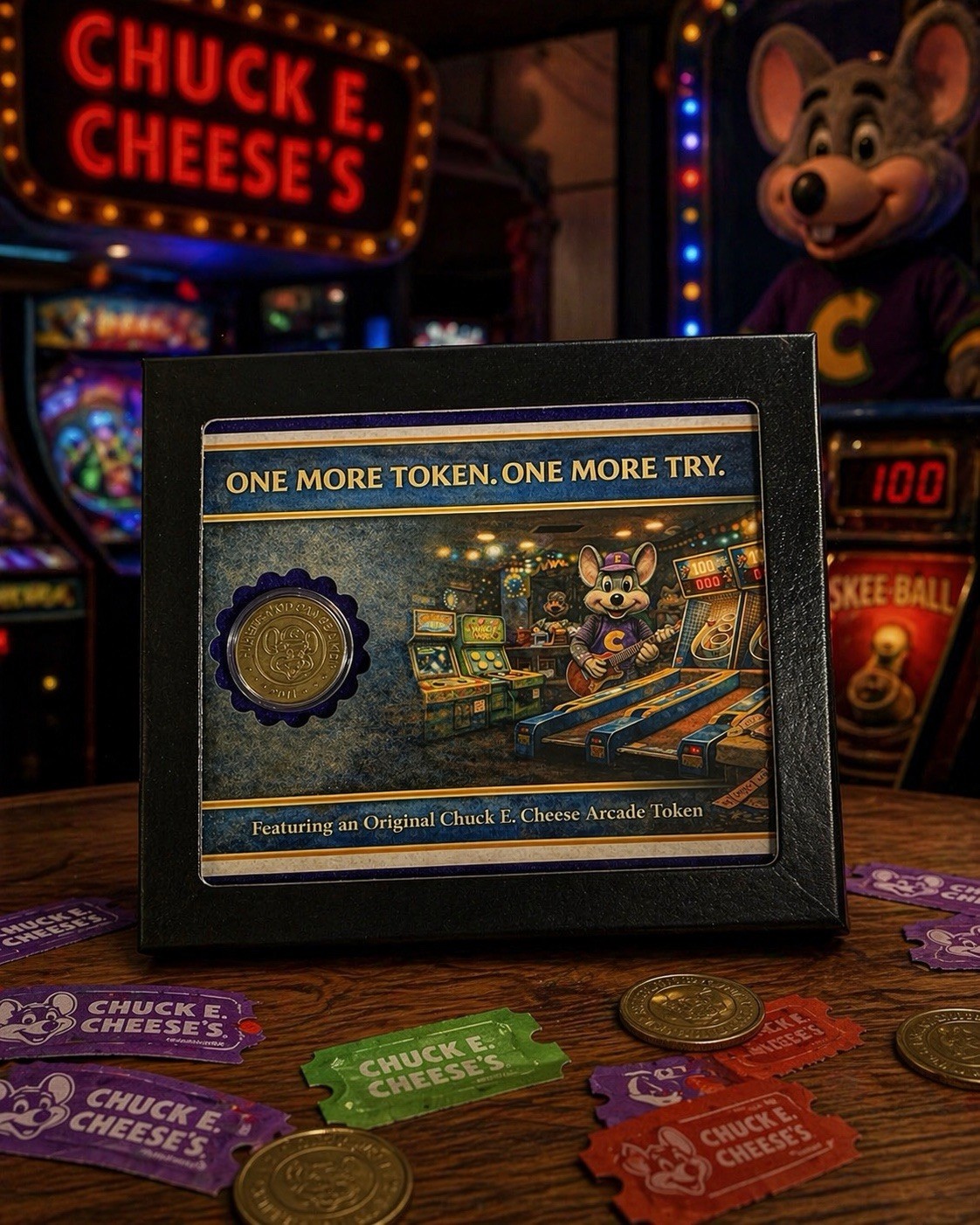 Vintage Chuck E Cheese Token Framed Display w/ COA Arcade Relic
