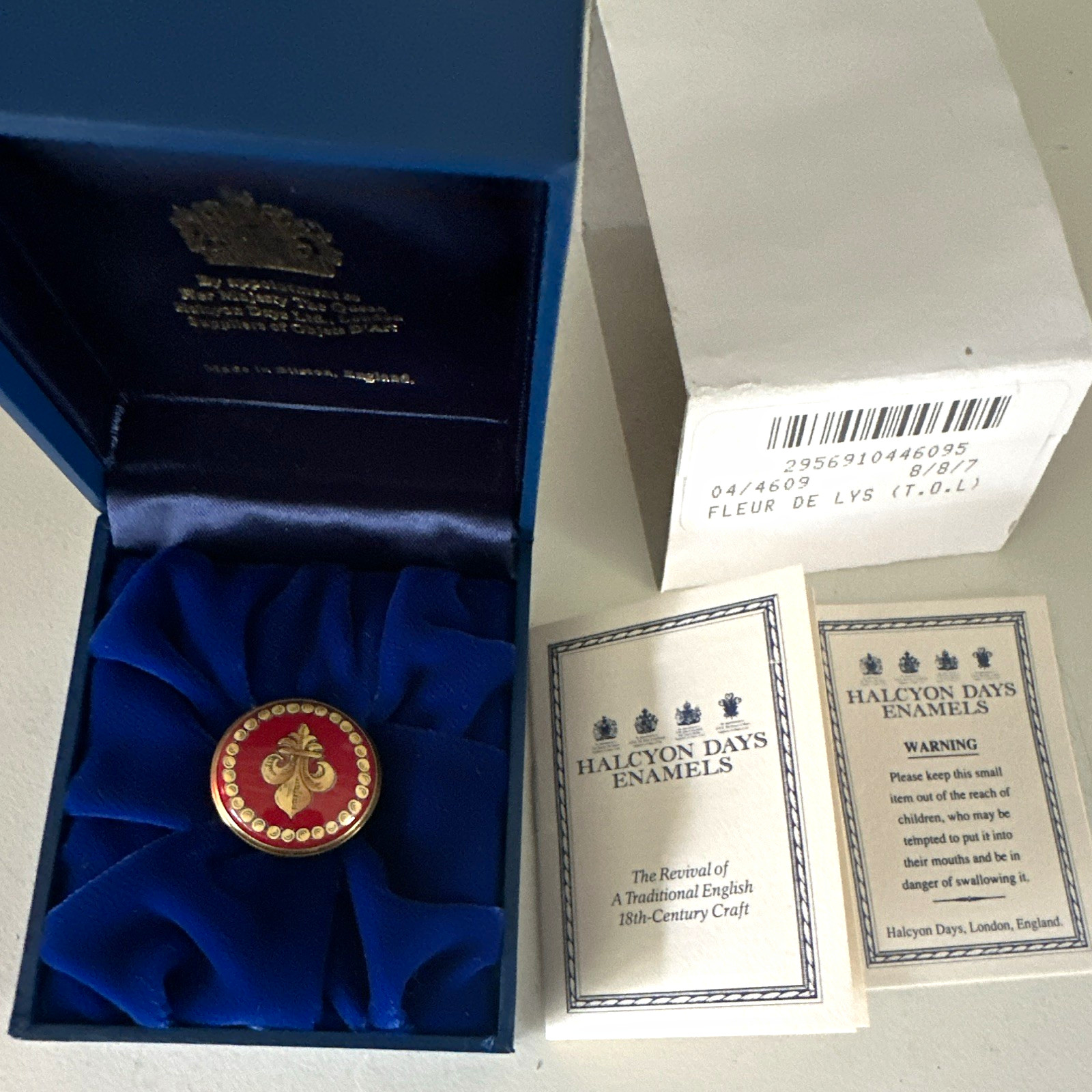 Halcyon Days Enamels Red Fleur de Lys Trinket Box with Box & Paperwork
