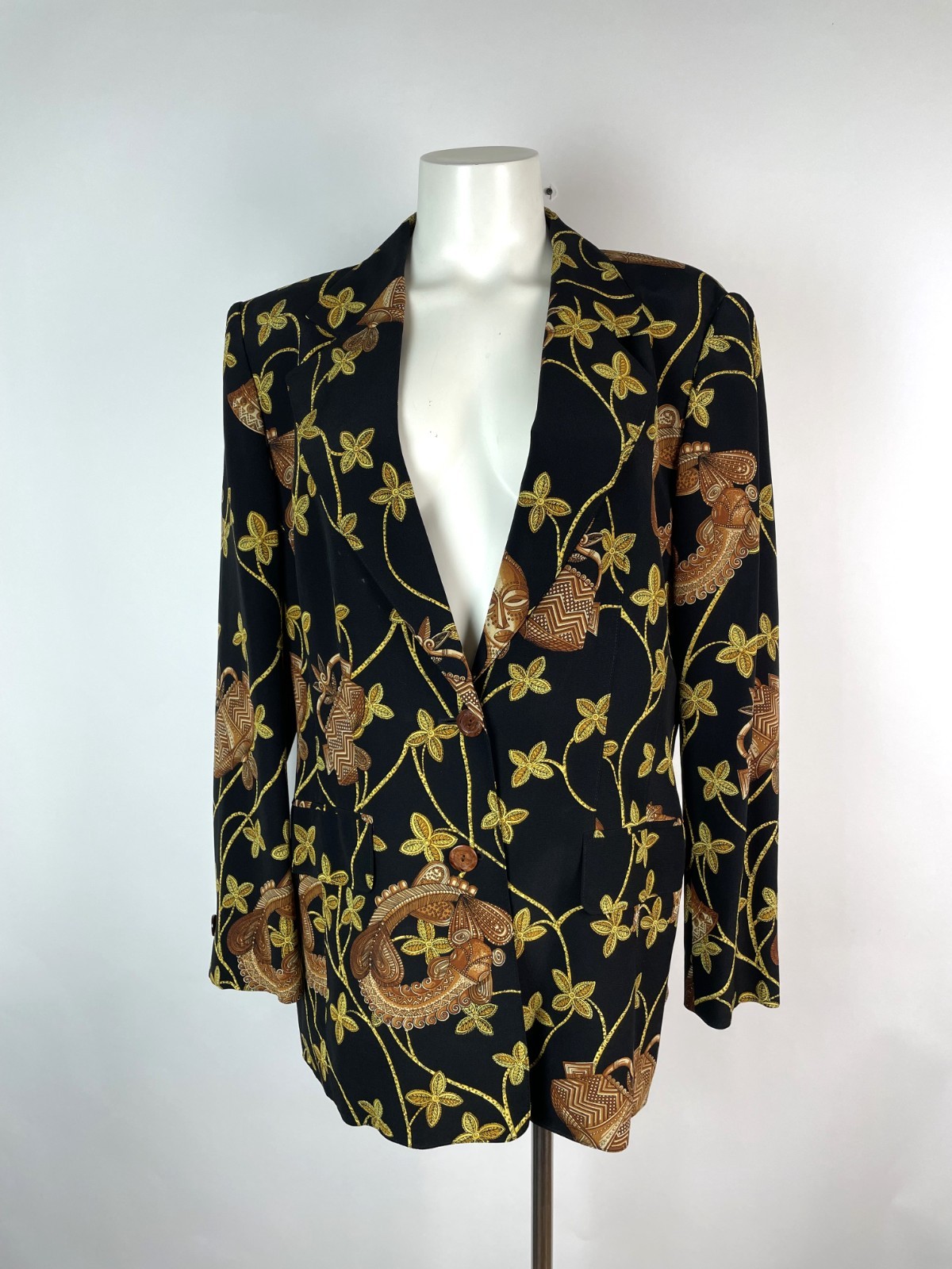 Vintage 80s ESCADA Rare Stunning Tribal Print Black 100% Silk Jacket 42 Germany