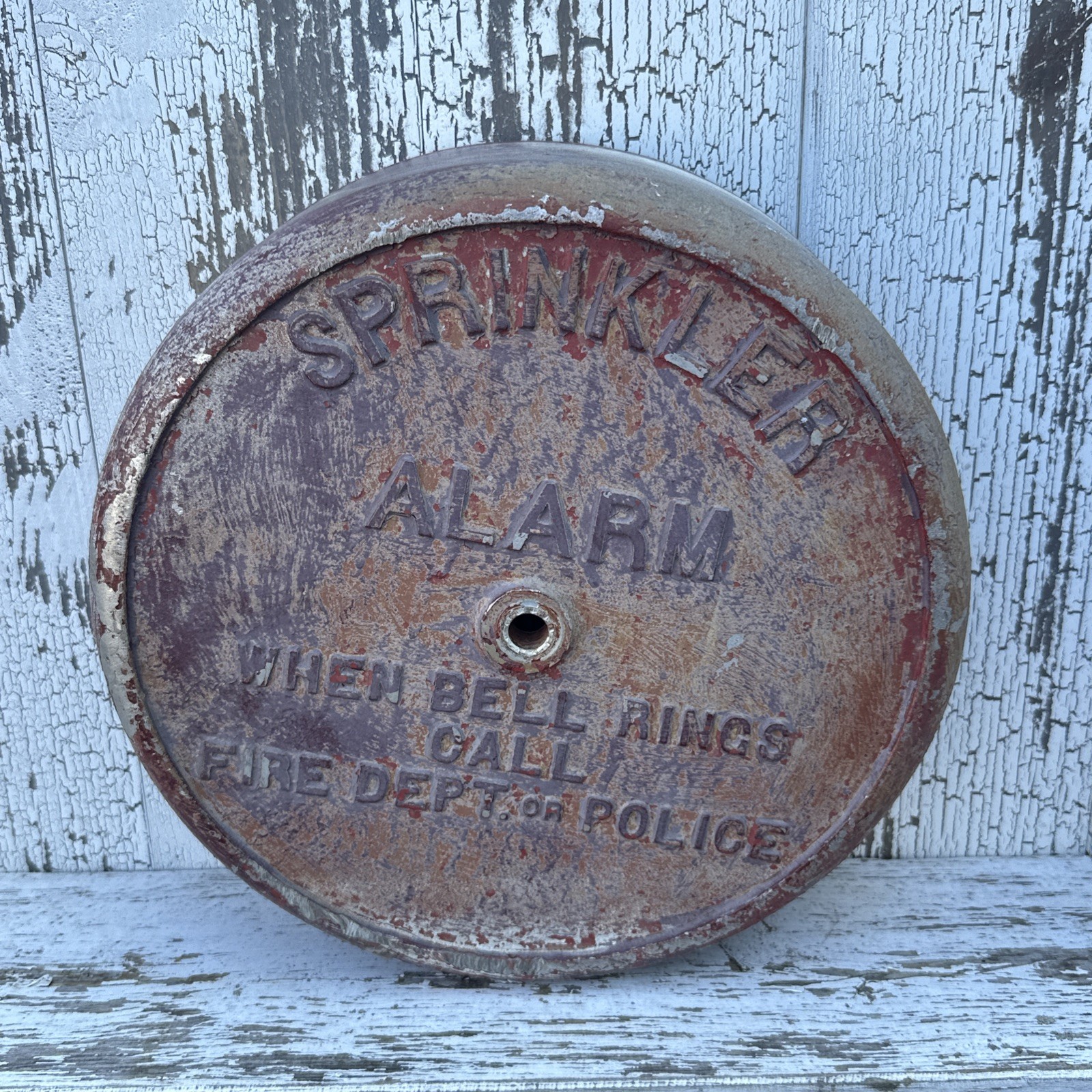 Vintage Sprinkler Alarm Bell Cover - “When bell Rings Call Fire dept Or Police”