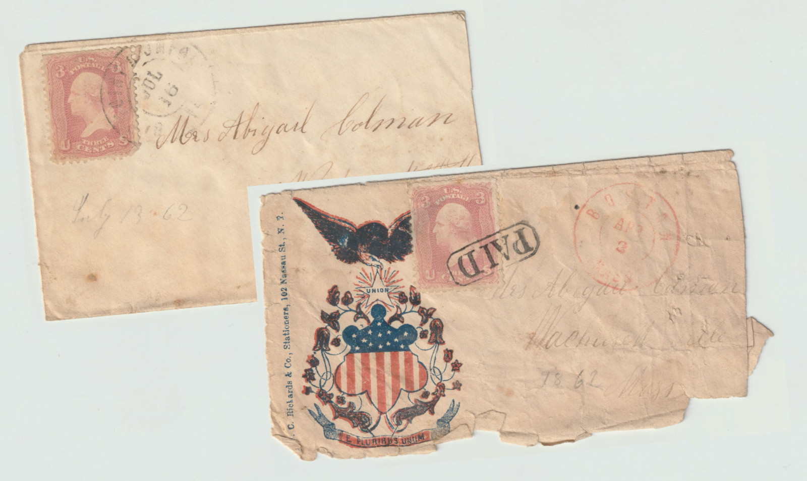 Civil War Patriotic Eagle Union Cover + Companion 1862 Abigail Coleman Wachusett