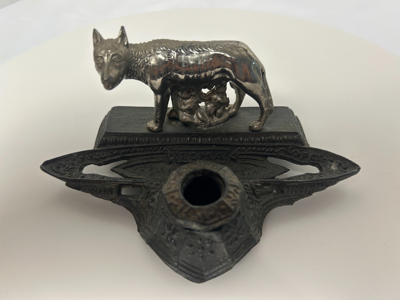Rare Antique Pewter Capitoline She-Wolf Dual Inkwell Set - Stamped 