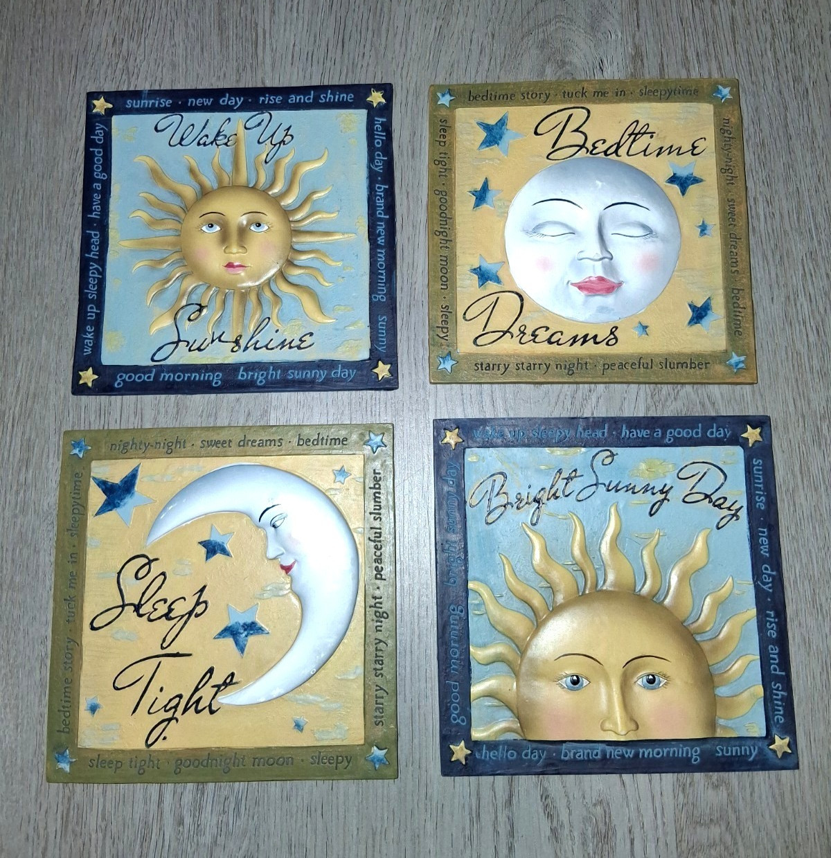 Vintage Set of 4 Celestial Sun Moon and Stars Hanging Wall Plaques Tiles Signs