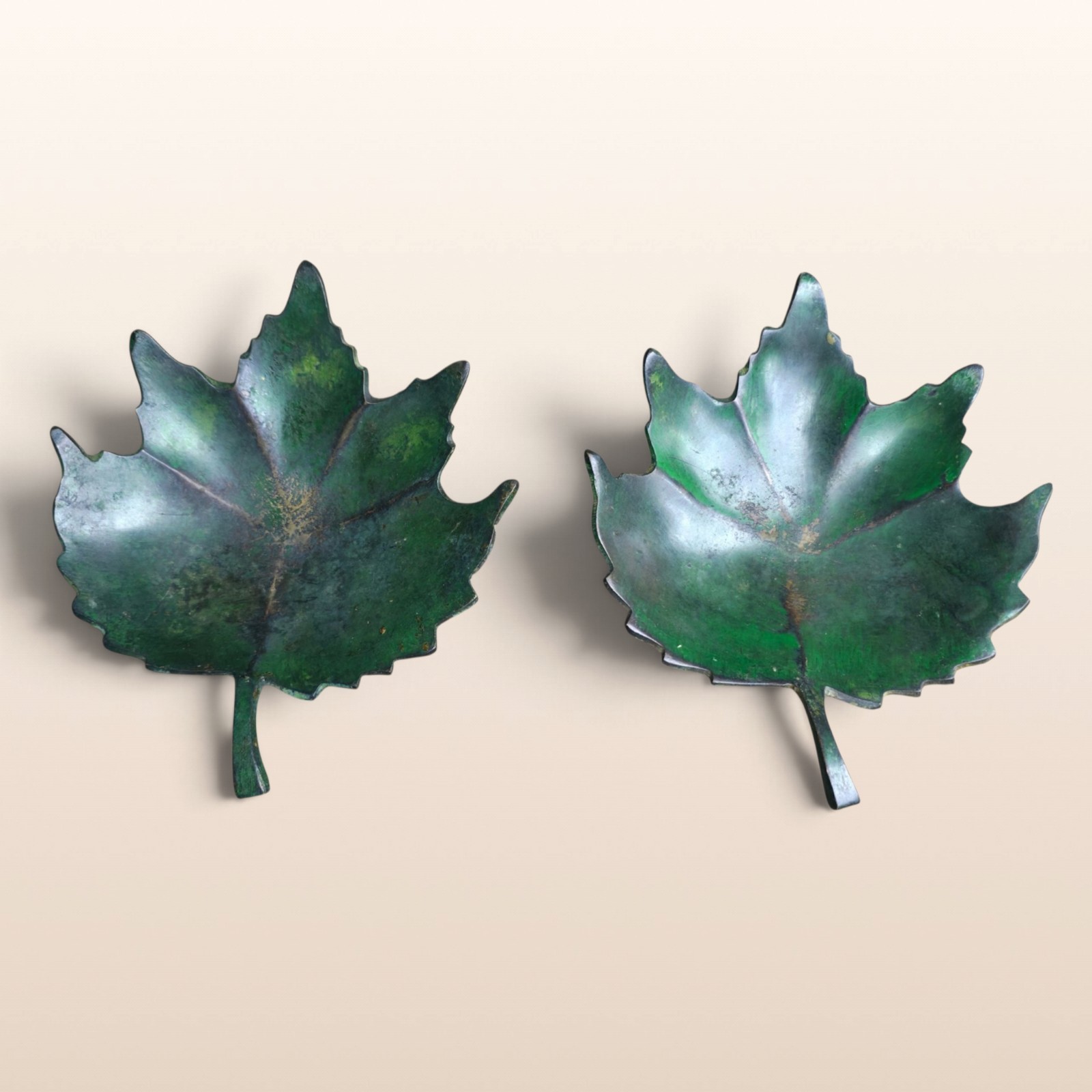 Vintage Pair Green Metal Catch All Dishes Small Maple Leaf Metal Trinket Dishes 