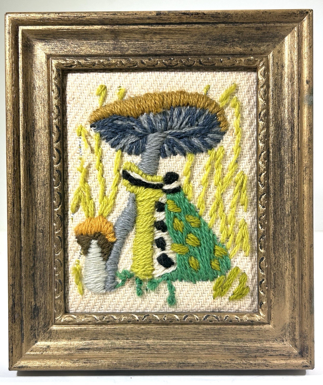 VTG 70s Psychedelic Mushroom Crewel Embroidery Framed Needlepoint Boho Hippie