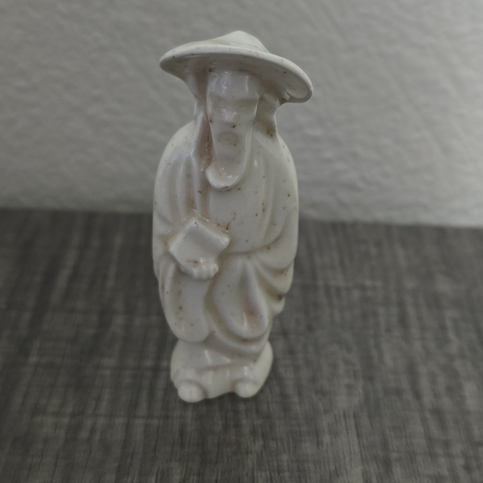 Vintage Asian Chinese Scholar Figurine Ivory Glazed Ceramic Man Conical Hat