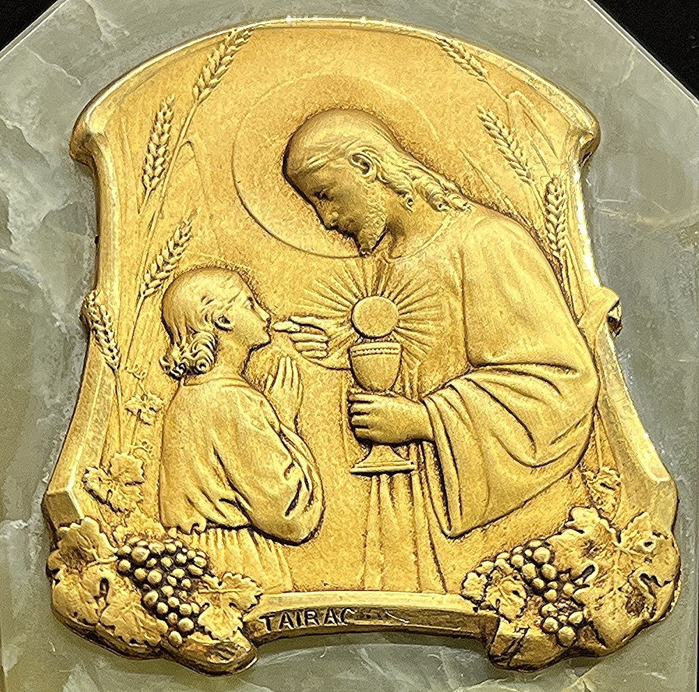 by Tairac France 1910´ old Jesus Christ, girl, communion Art Nouveau stand desk