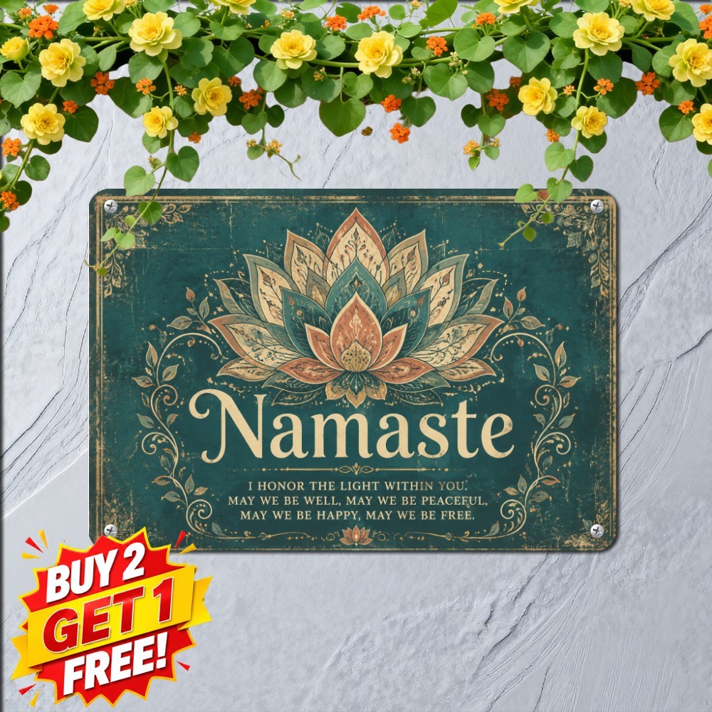 Namaste Lotus Flower Yoga Tin Sign Spiritual Meditation Wall Decor 8x12 In