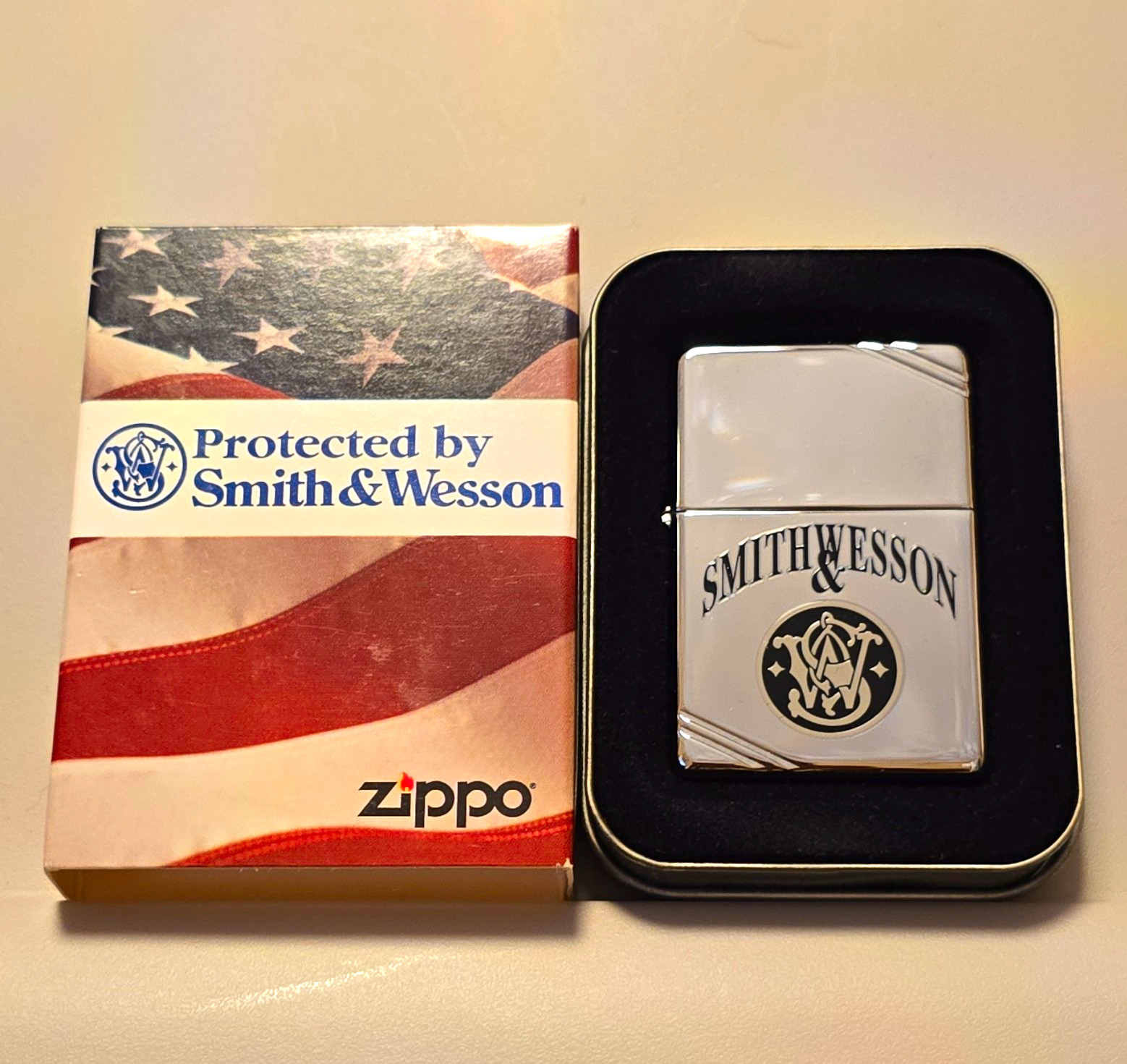 Zippo Lighter, Smith & Wesson “Protected by Smith & Wesson”, Tin & Box