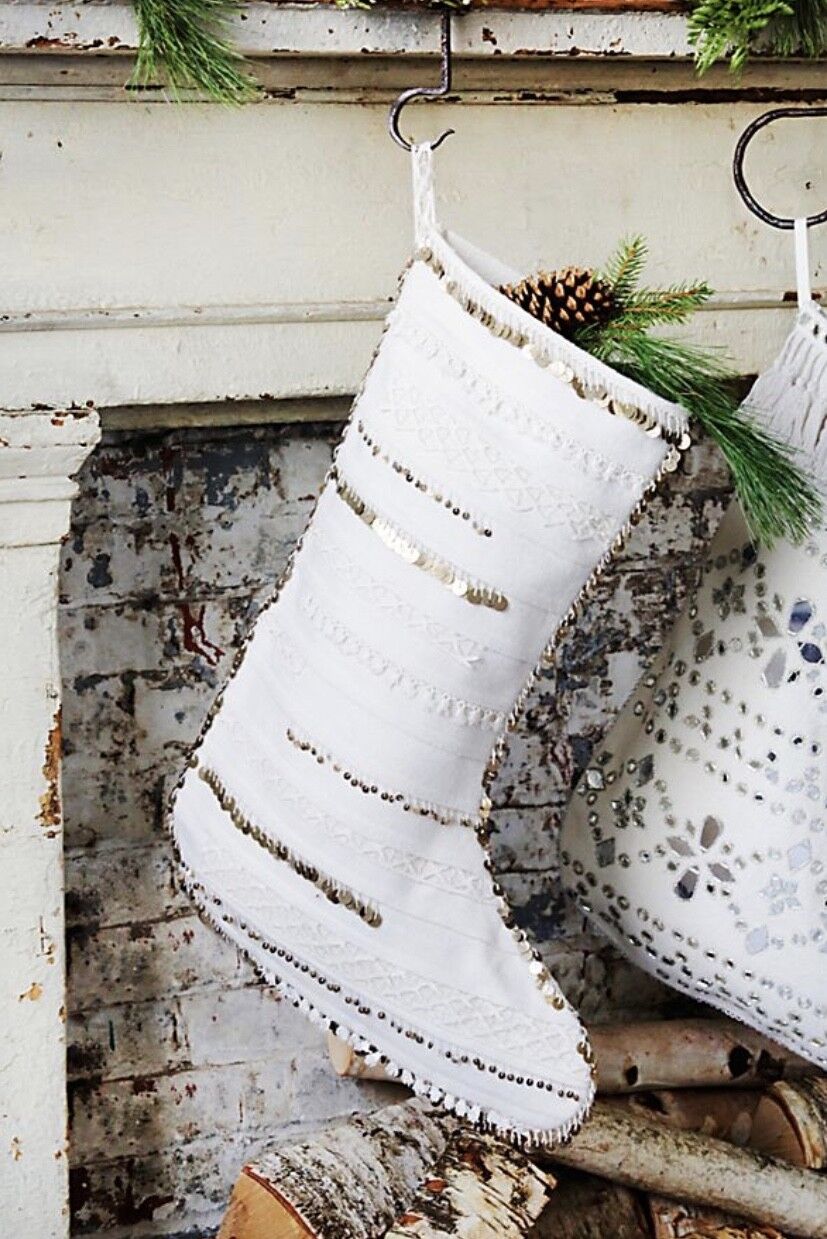 Free People Christmas Stocking Felt Embellished Bead Tassel Lace Ivory White NIB
