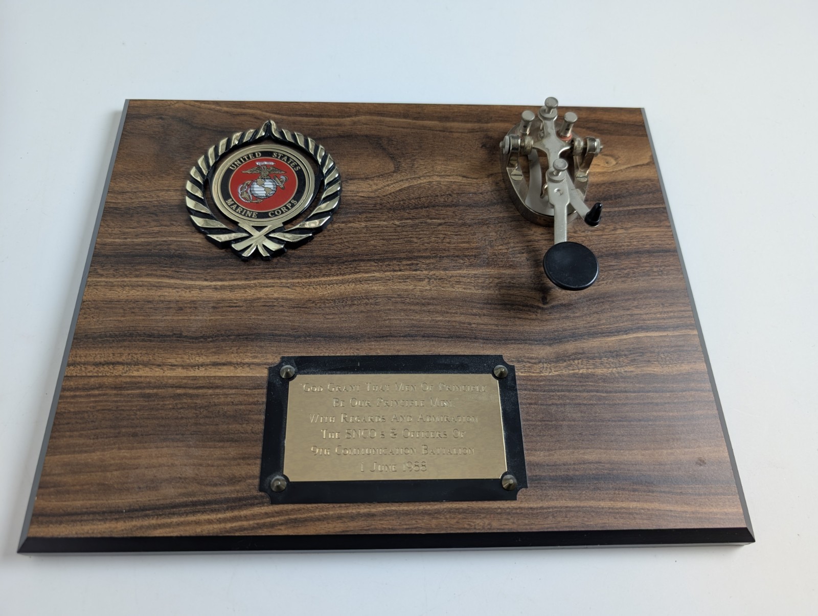 Vintage 1988 USMC 9th Comm Battalion Plaque Morse Code Telegraph Key