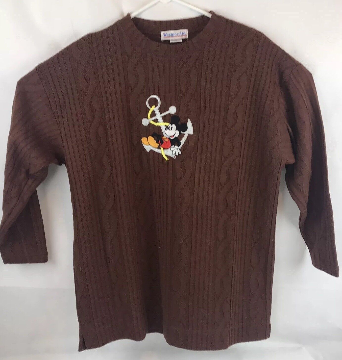 Vintage Women’s Mickey Mouse Sweater Ship Anchor Embroidered Brown Crewneck Sz M