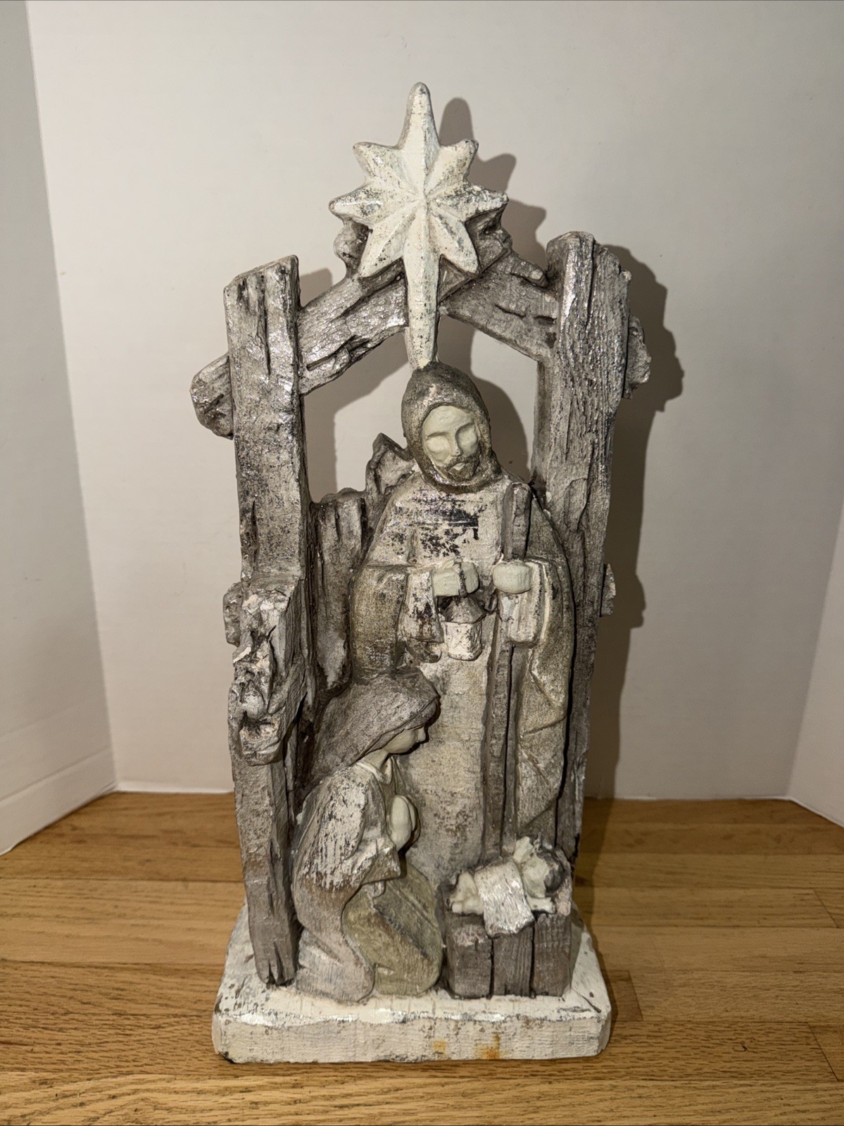 19” VTG Folk Art Nativity Creche Plaster Stable Star Bethlehem Weathered Rustic