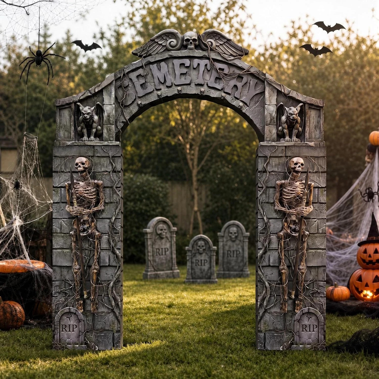 7 Pcs Halloween Cemetery Archway Tombstones Skeleton Set – Spooky Party Decor