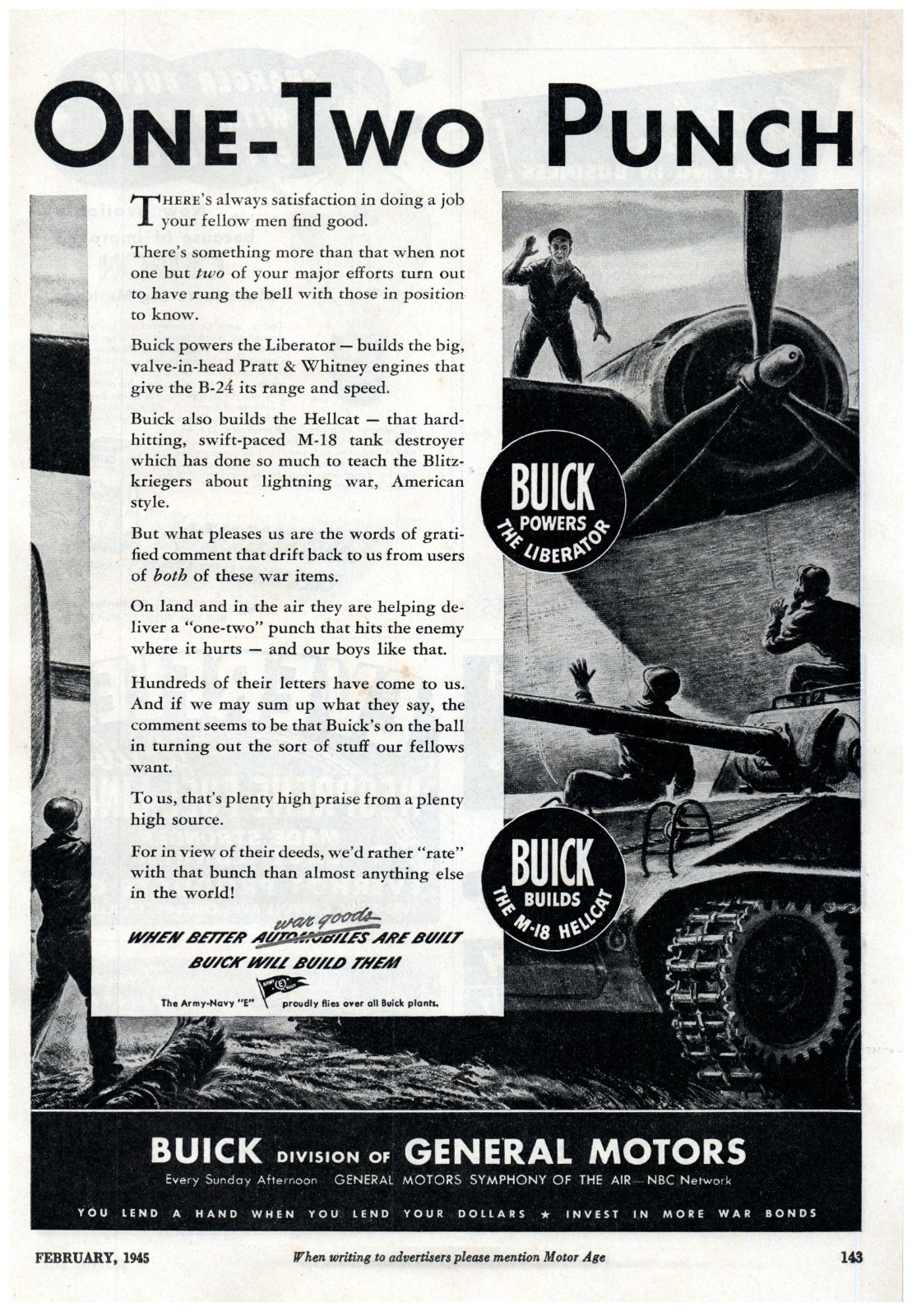 1945 PRINT AD, Buick Powers B-24 Liberator Builds M-18 Hellcat MCM 40's WWII War