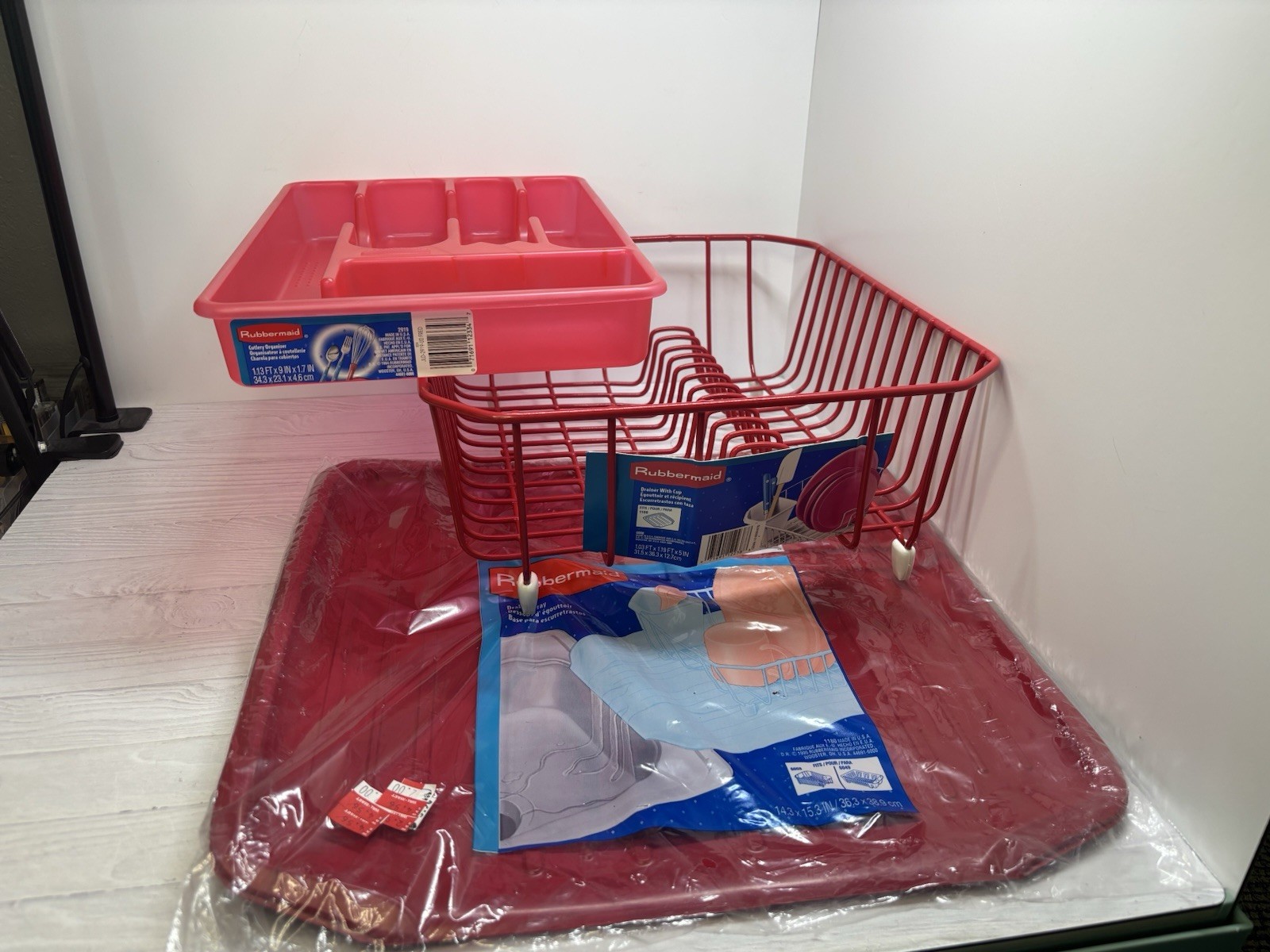 Rubbermaid Dish Drainer Board + Drying Rack + Cutlery Organizer Vintage Red Set