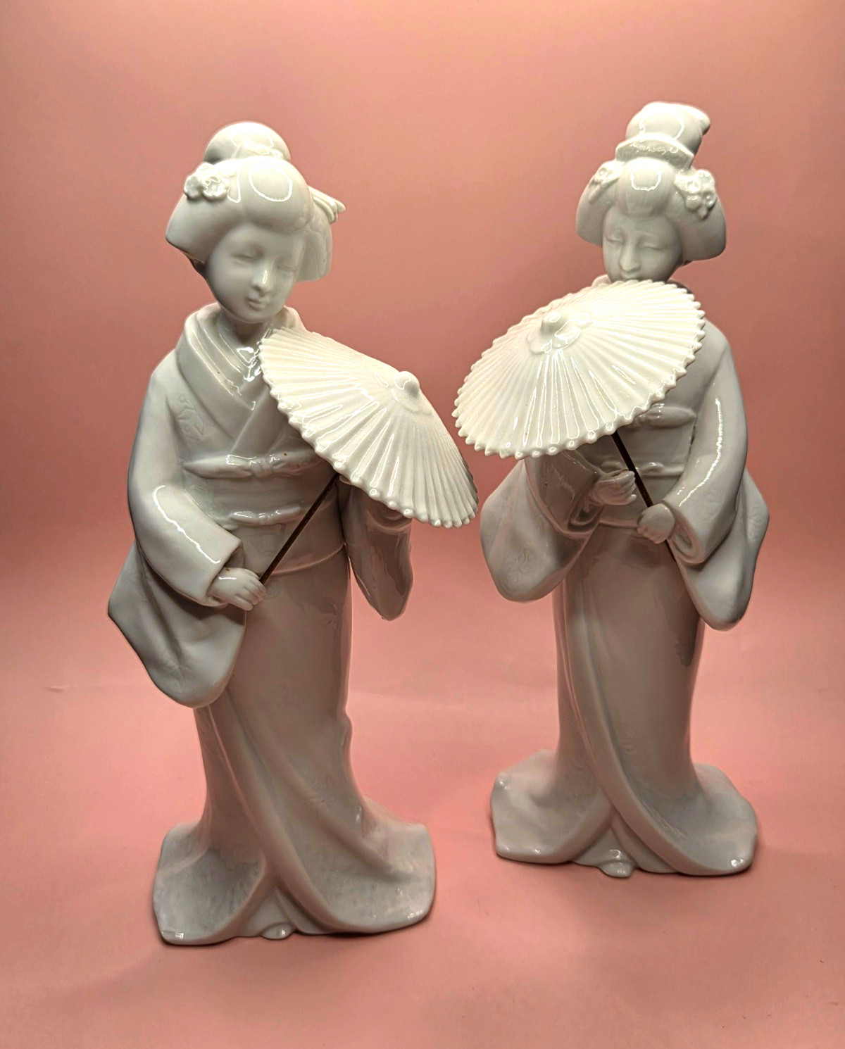 Vintage Whote Porcelain Japanese Geisha Figurine Pair Fan Floral Kimono 9\