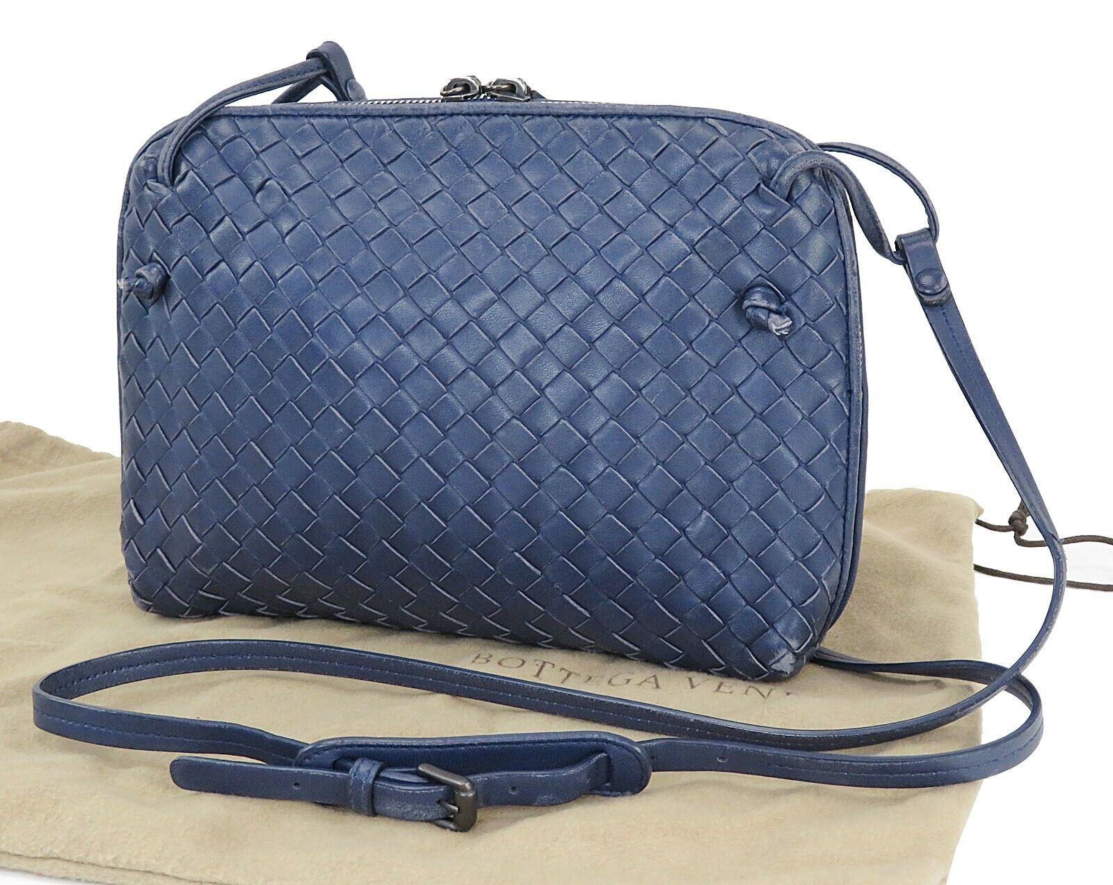 Authentic BOTTEGA VENETA Navy Blue Woven Leather Crossbody Bag Purse #42240