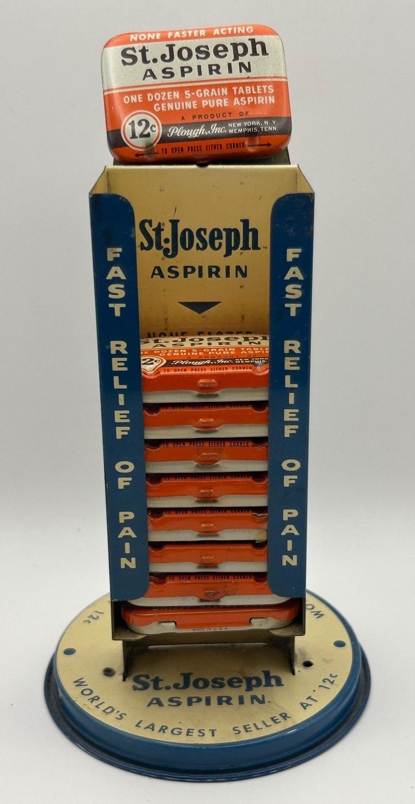 Vintage St Joseph Aspirin Metal Counter Display w/ 8 FULL Original 12¢ Tins.
