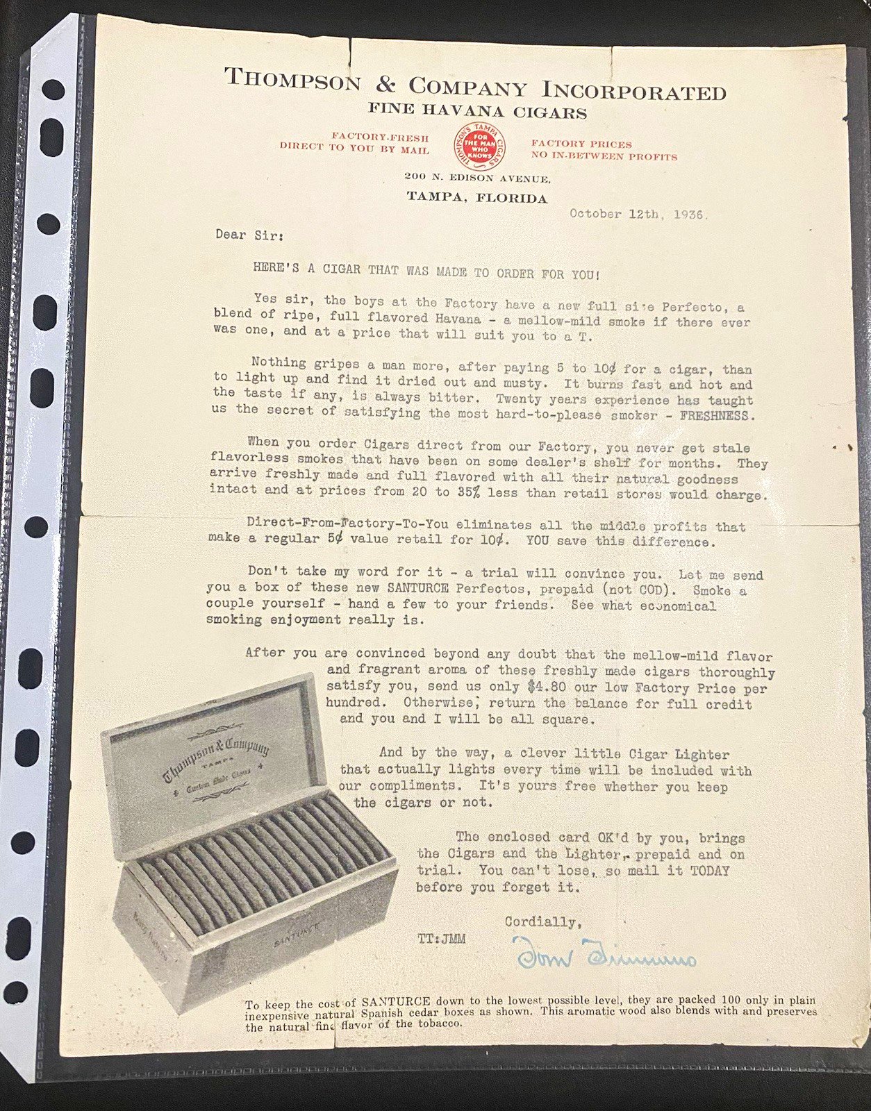 Vintage Thompson & Company Inc Fine Havana Cigars Sales Letter  Tampa FL 1936