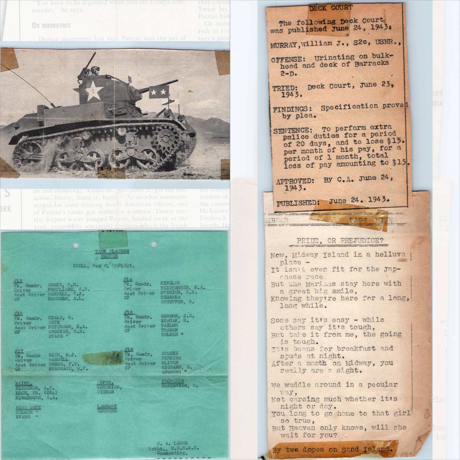 x3 LOT 1943 WWII USMC Tank Platoon Roster Midway Island Poem Patton M3 Clipping