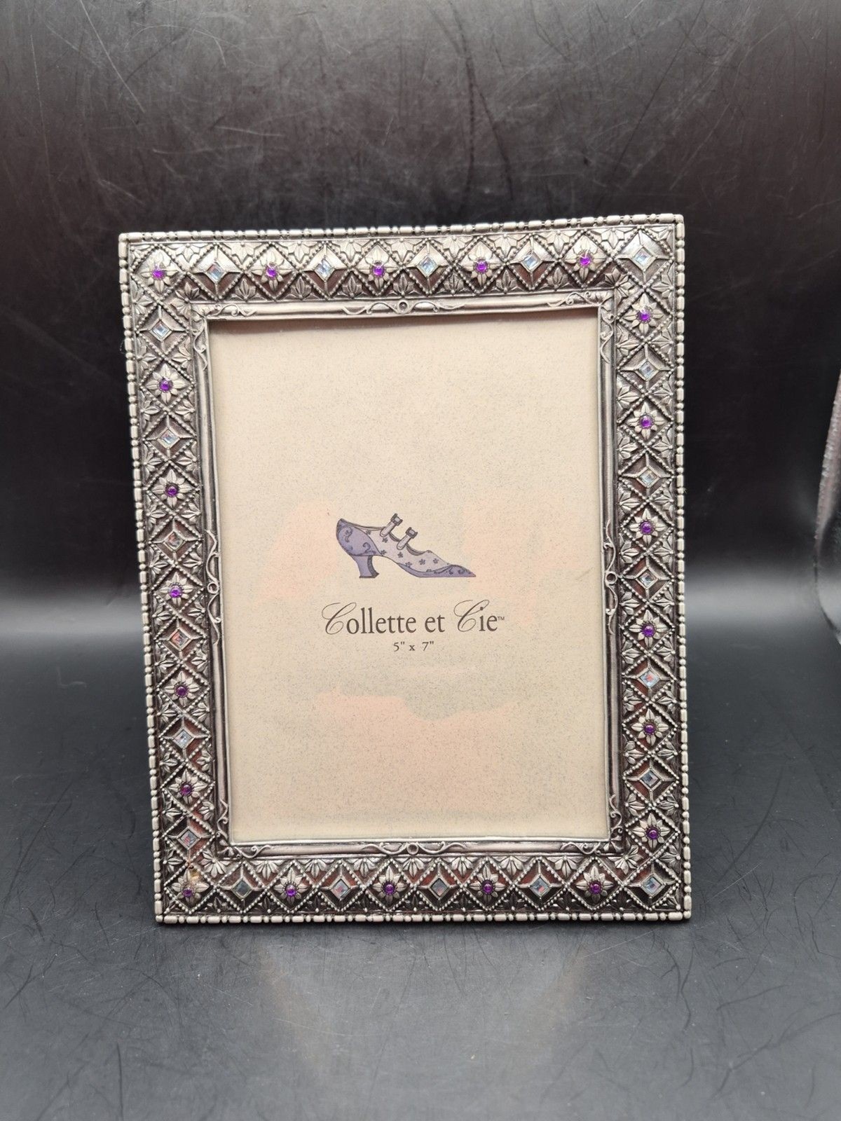 Vintage Collette et Cie 5x7 ornate pewter metal Jeweled Rhinestone Picture Frame