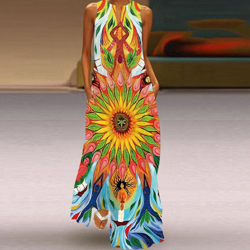 Plus Size Women\'s Holiday Print Maxi Dress Summer Beach VestSundress Kaftan US‹