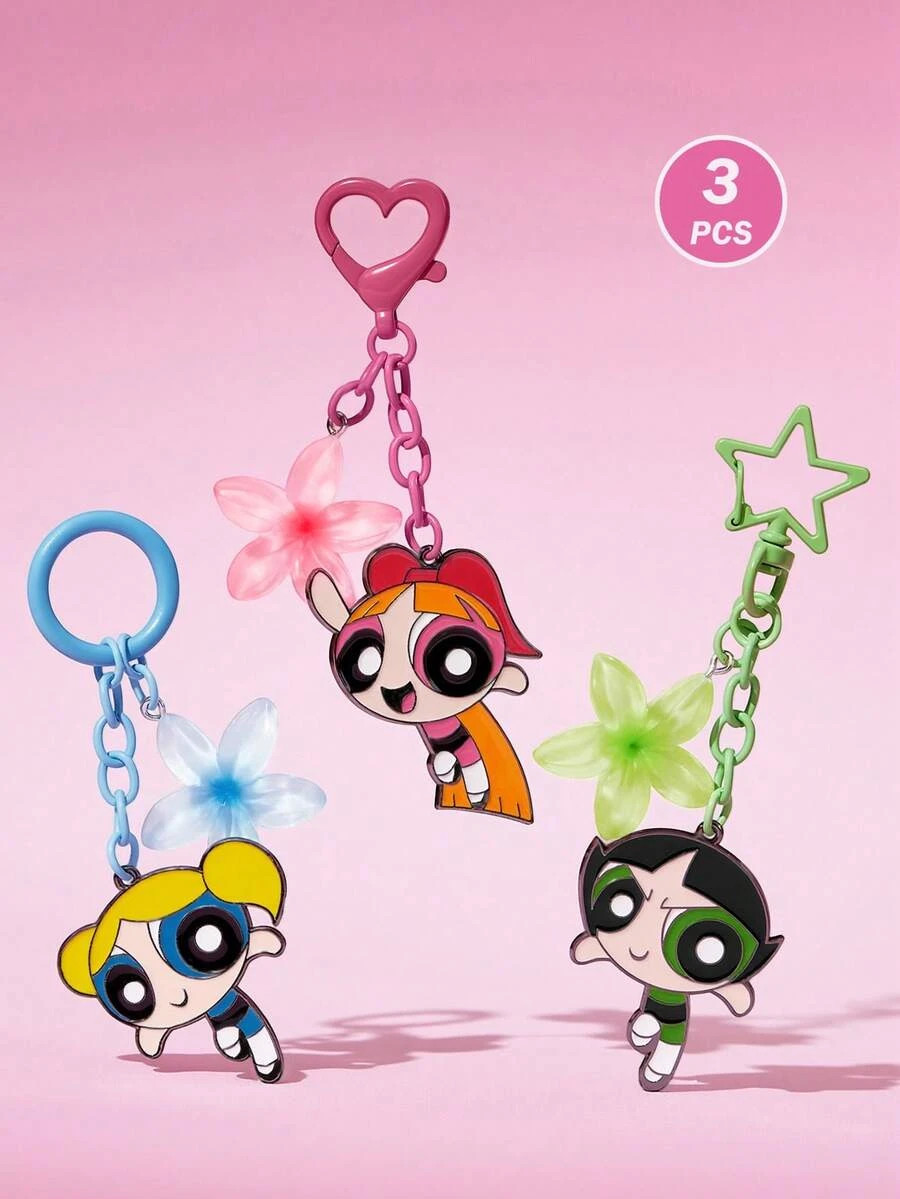 Powerpuff Girls 3pc Keychain Bag Charms Blossom Bubbles Buttercup Cute
