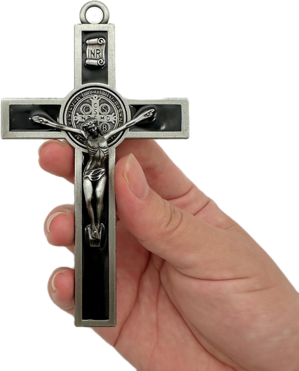 Antique Silver Crucifix Wall Cross-St. Benedict Metal Black