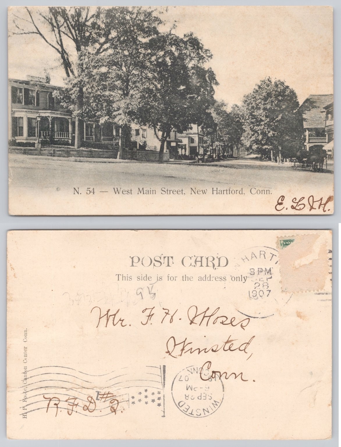 1907 West Main Street New Hartford Connecticut Vintage Postcard Horse Carriage