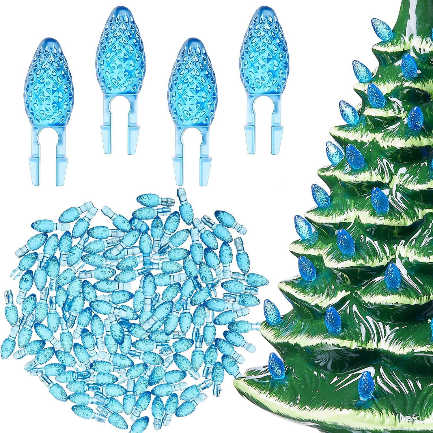 120 Pcs Christmas Tree Peg Bulbs Plastic Flame,Blue,Small