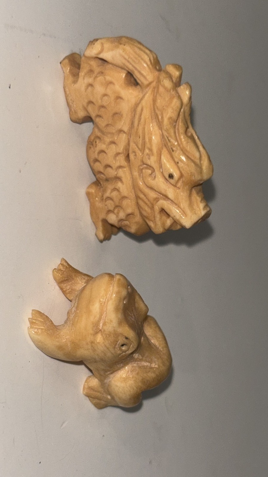 Pair of Vintage Carved Bovine Bone Beads - Dragon and Frog