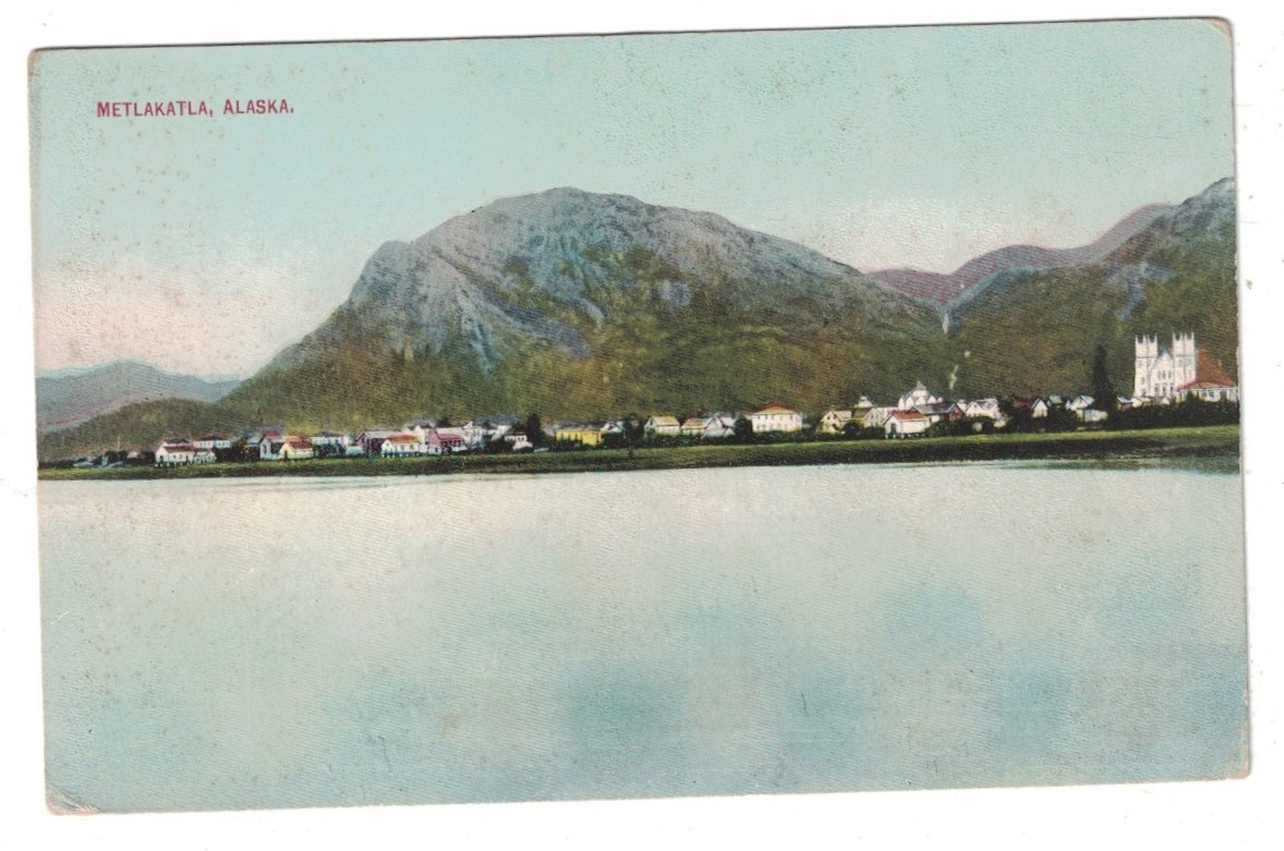 ANTIQUE 1910 VIEW FROM THE WATER OF THE VILLAGE OF METLAKATLA ALASKA POSTCARD