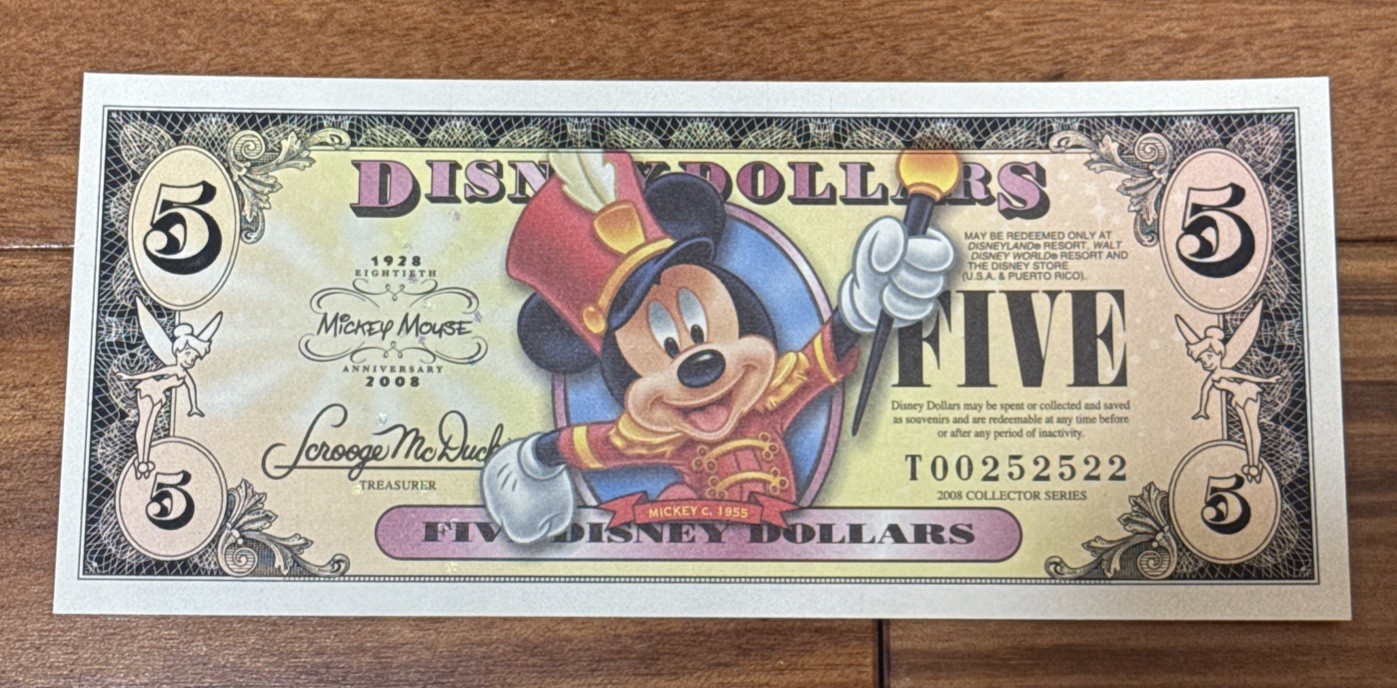 Disney 2008 $5 Disney Dollar Mickey Mouse 80th Anniversary T Series Disney Store