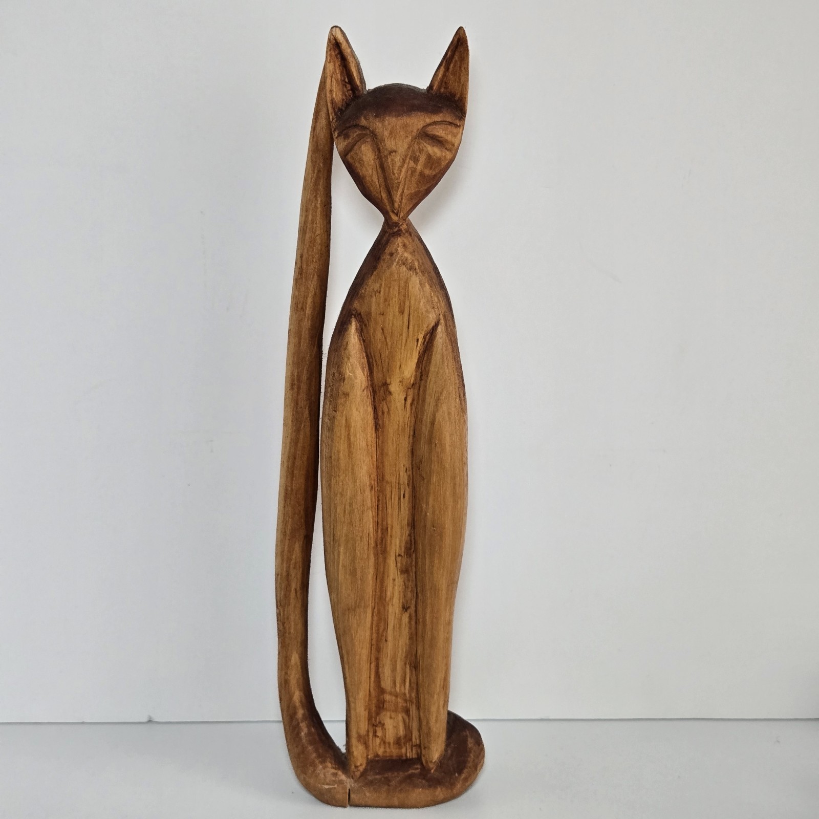 Vintage Tall 1990s Handcarved Folk Art Primitive Wooden Cat Statue Signed