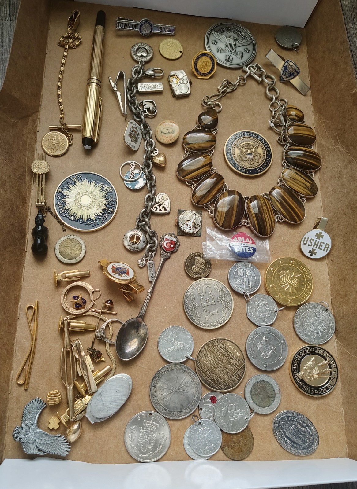 Vintage & Mixed Junk Lot - Jewelry, Novelty Pen, Medals, Coins & Trinkets