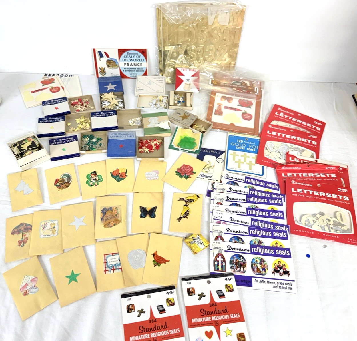 Vtg Dennison Gummed Seals Lot Stars Thanksgiving St Patrick Religious Letters +