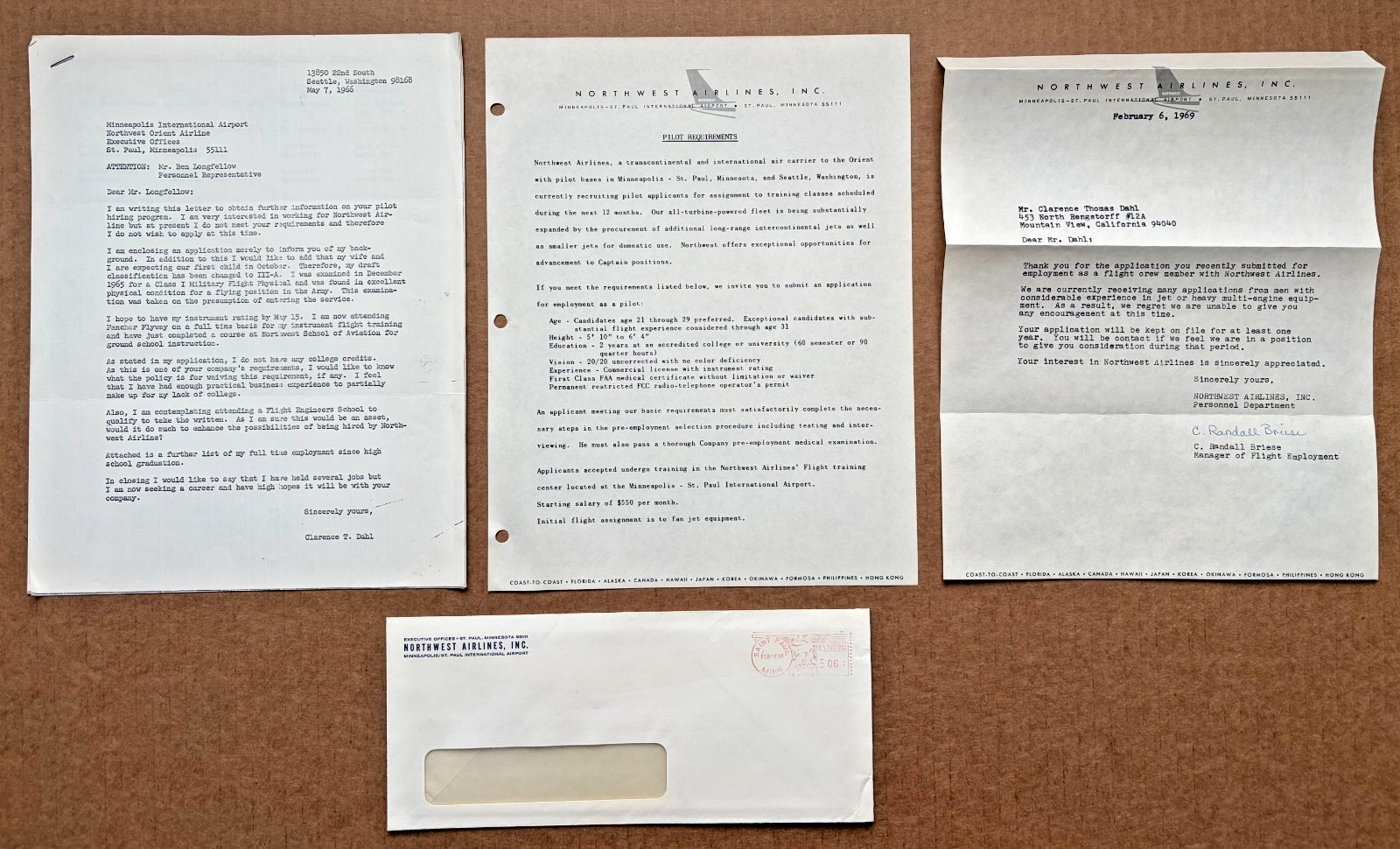 Vintage 1966-1969 Northwest Airlines Pilot Application 4pc Lot Ephemera Envelope