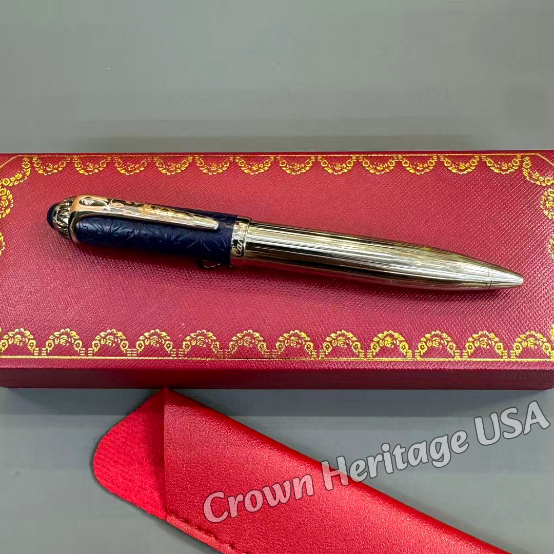 CARTIER Blue Floral Cap Ballpoint Pen Silver Tone Fluted Barrel w/ Box