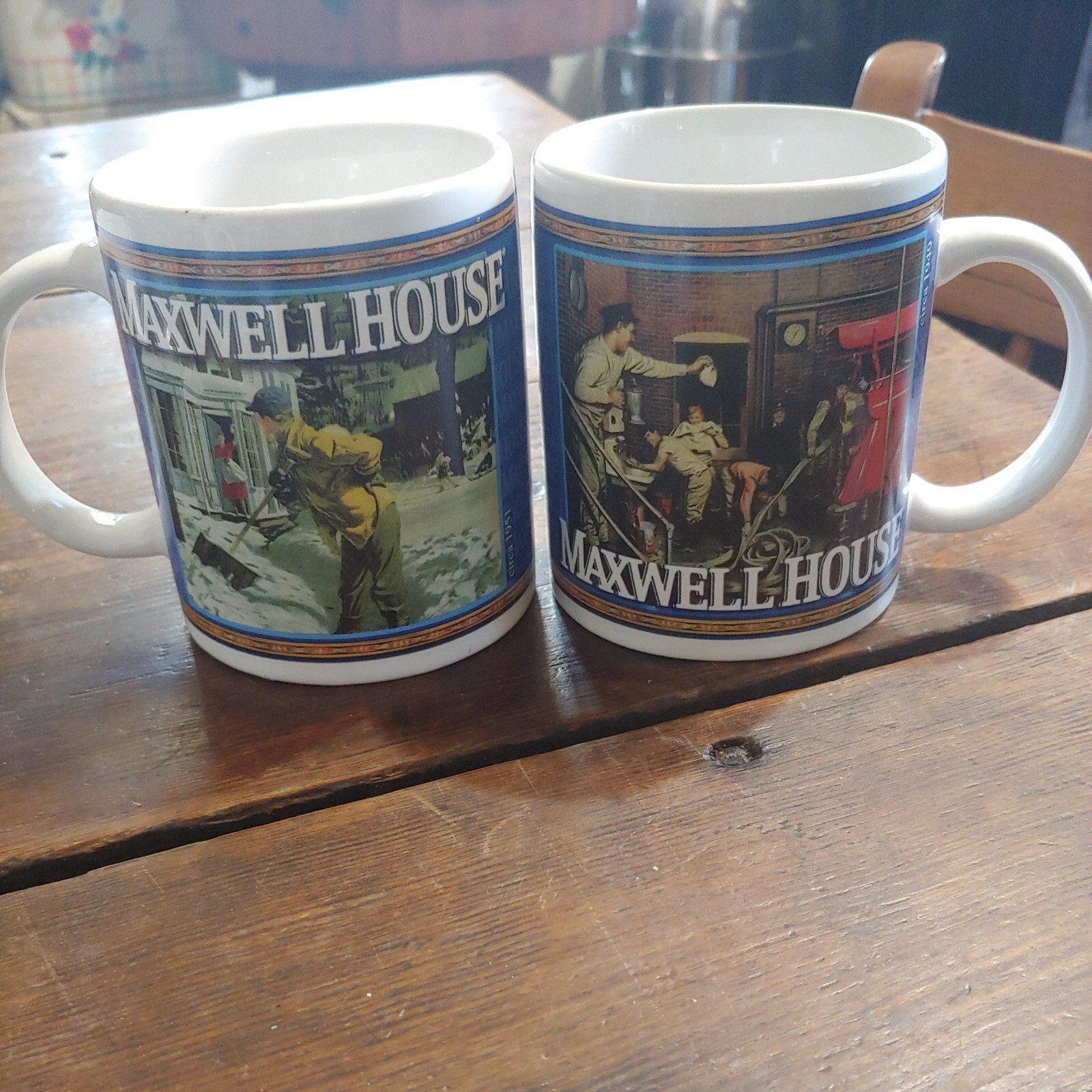 2 Maxwell House Coffee Mugs  Circa 1949 & 1951 Rockwell Fireman Snow Shoveling 