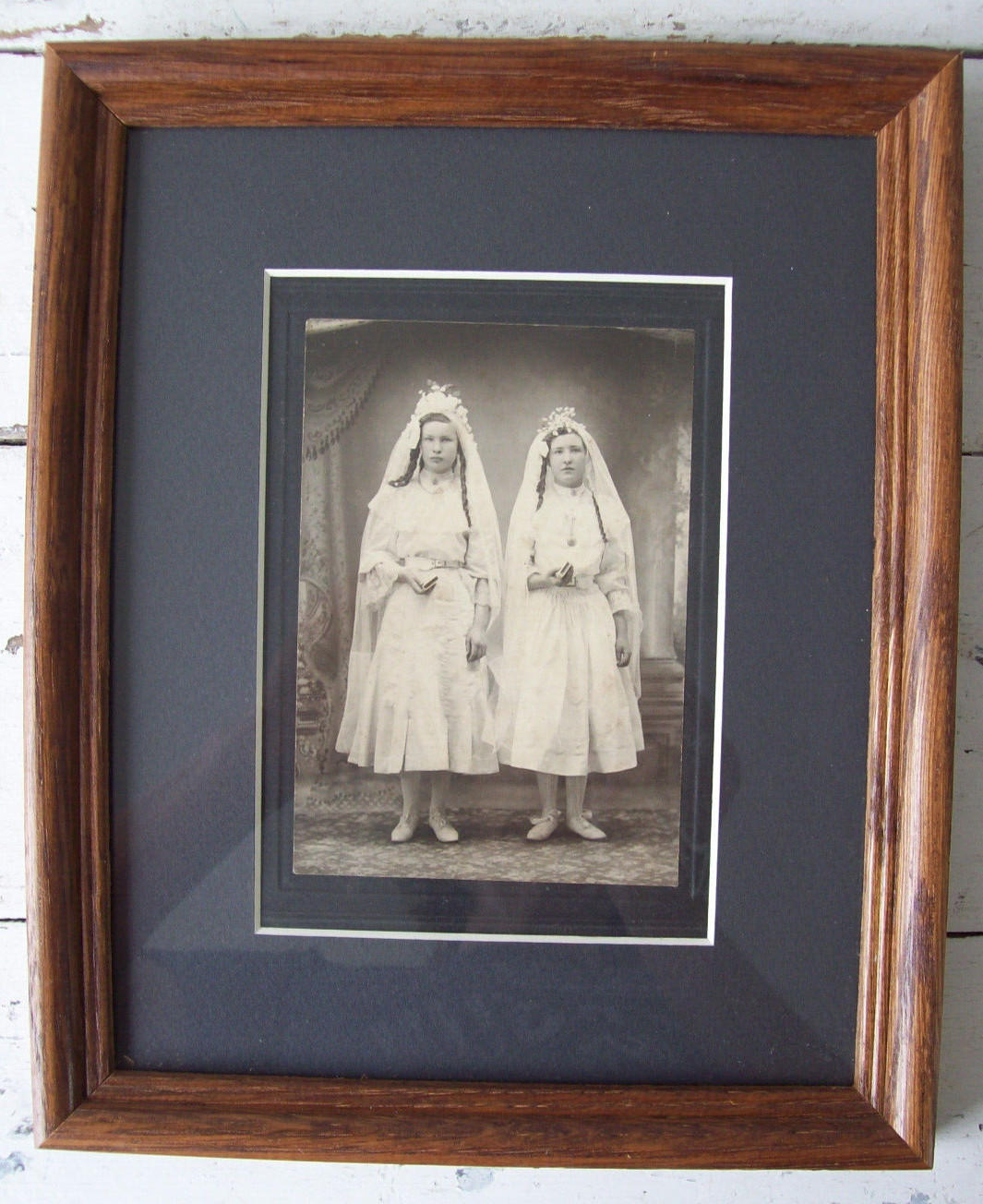 Antique Vintage First Communion Portrait of Two Girls~Framed and Matted~9x11