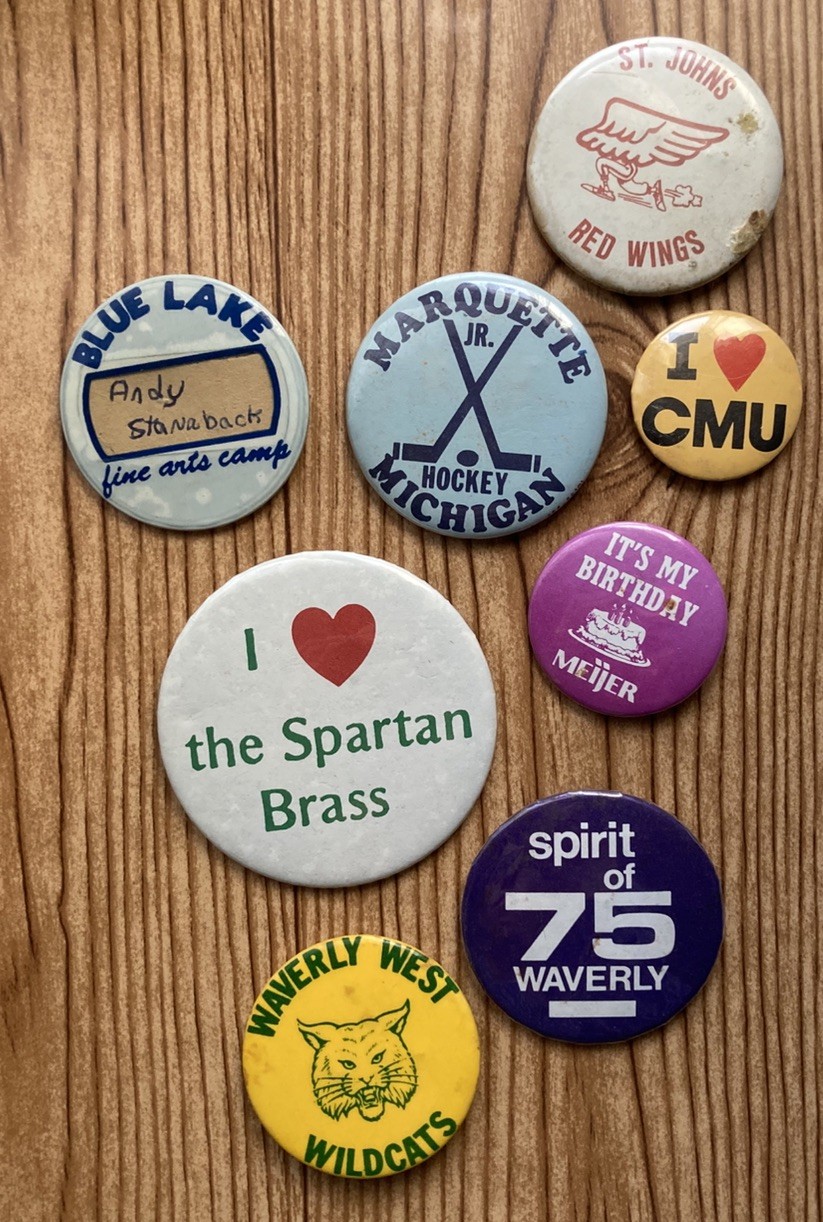 Vintage 1970s + Michigan Themed Mixed  Buttons Pins lot of 8 Meijer MSU Waverly
