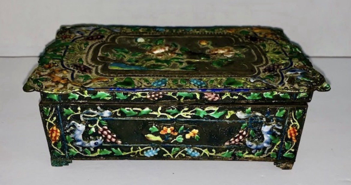 Antique Hand Painted Fox & Grapes Theme Chinese Metal and Enamel Hinged Lid Box