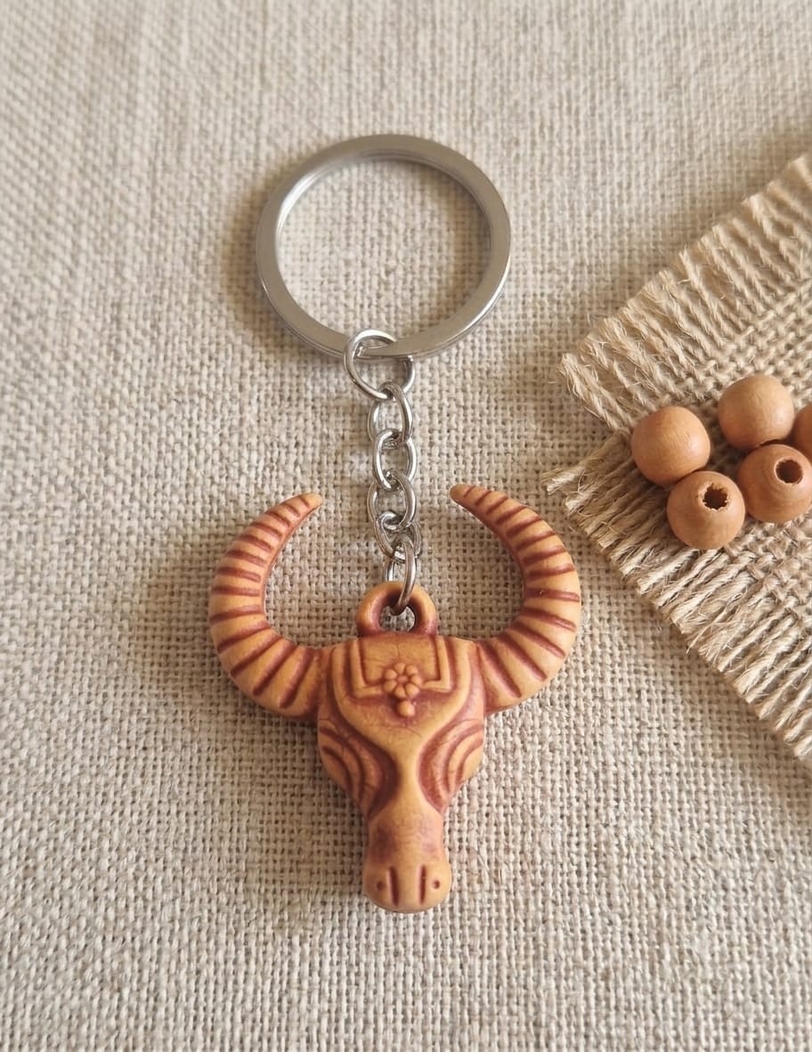 Buffalo Bull Head Keychain Plastic Animal Skull Charm Key Ring Brown Pendant