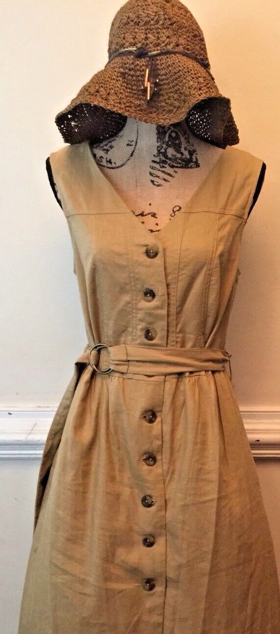 NWT Mossimo Khaki Pleated Swing Dress Womens Size Med Brown Belted A-line New FS
